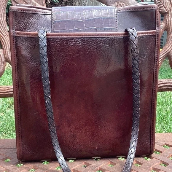 Vintage Brighton Mahogany Silver Flap Top Croc Embossed Leather Messenger Bag - Picture 5 of 9